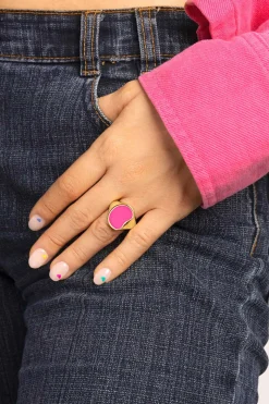 Anel Signet Bean Neon Pink Enamel Ouro