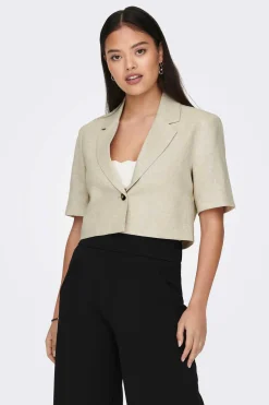 Blazer Cropped Manga Curta Com Linho