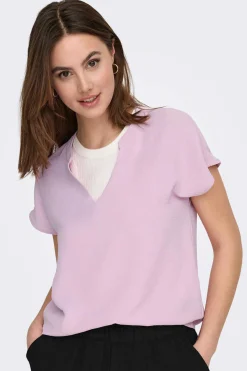 Blusa De Pescoco Em V Simples Com Mangas Curtas