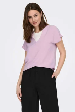 Blusa De Pescoco Em V Simples Com Mangas Curtas