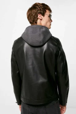 Blusao Motard Efeito Pele Capuz