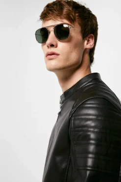 Blusao Motard Efeito Pele Capuz