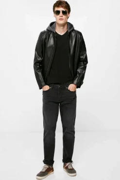 Blusao Motard Efeito Pele Capuz