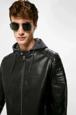 Blusao Motard Efeito Pele Capuz