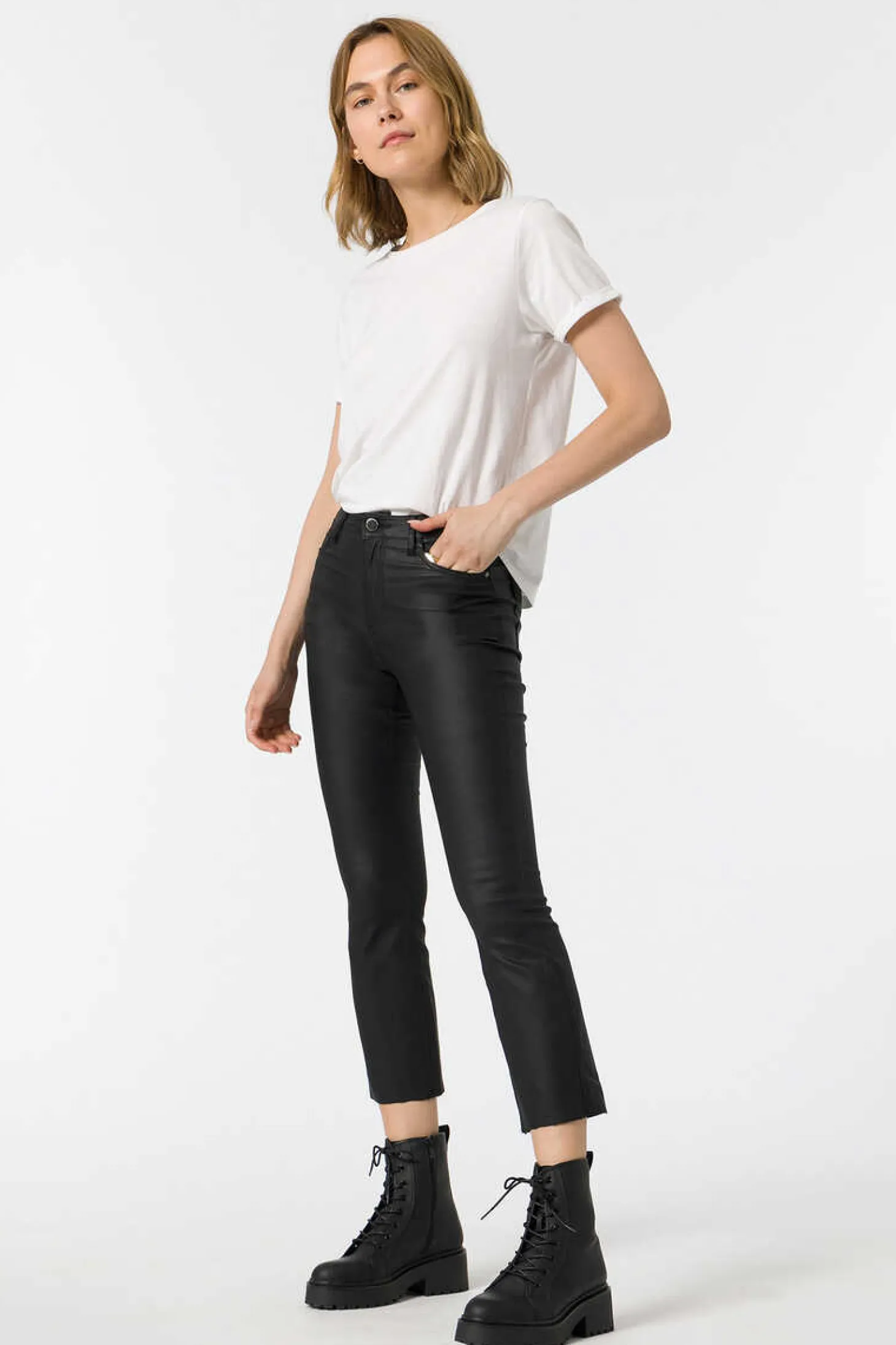 Calcas Megan Cropped Flare Coated De Cintura Subida