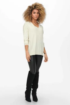 Camisola De Mulher Com Gola Em Bico E Manga Comprida.