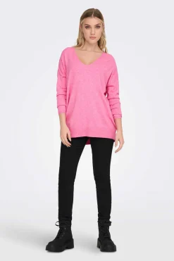 Camisola De Mulher Com Gola Em Bico E Manga Comprida.