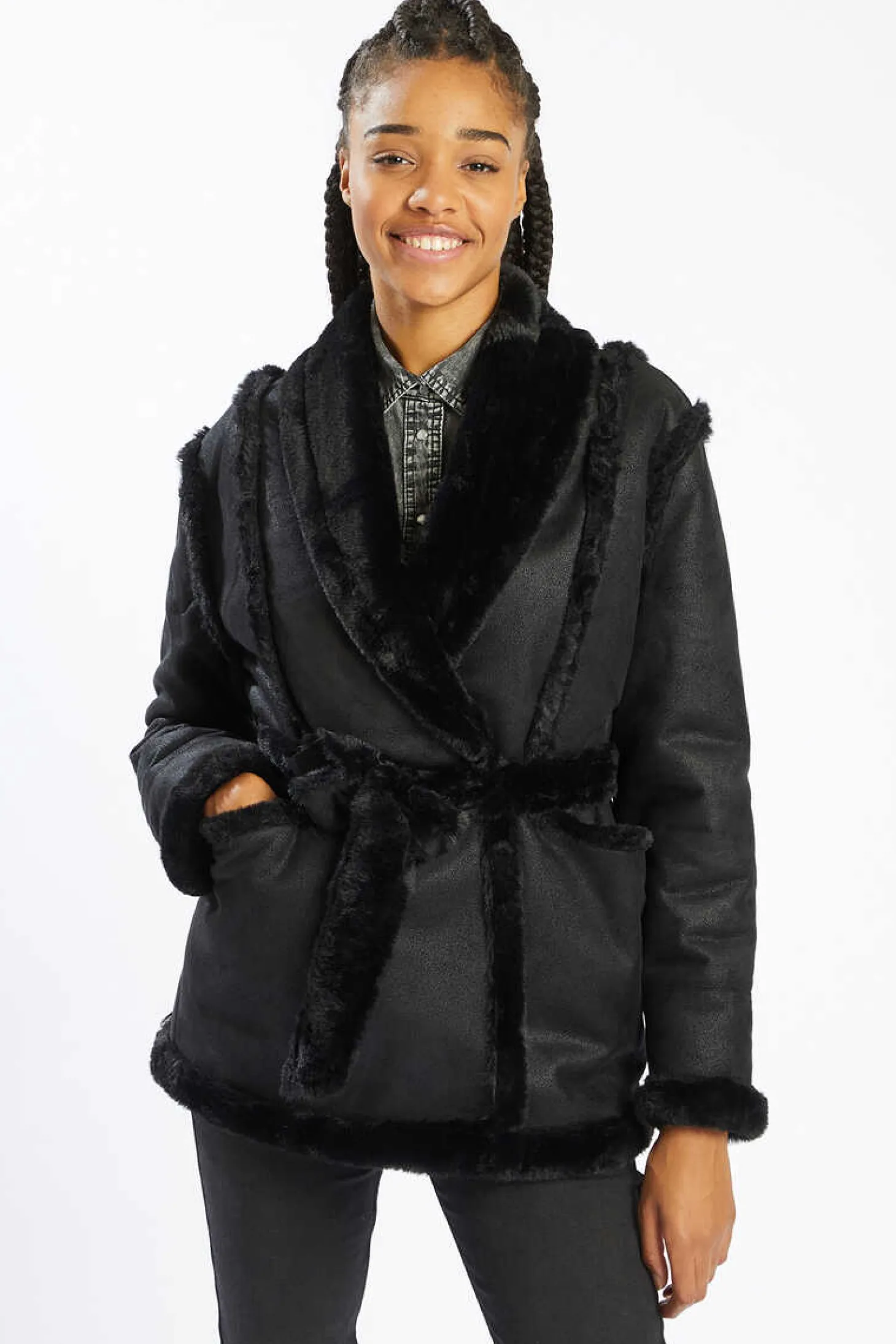 Casaco De Dois Tecidos Com Cinto