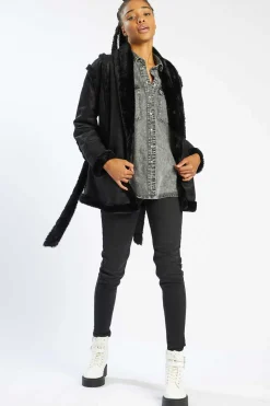 Casaco De Dois Tecidos Com Cinto