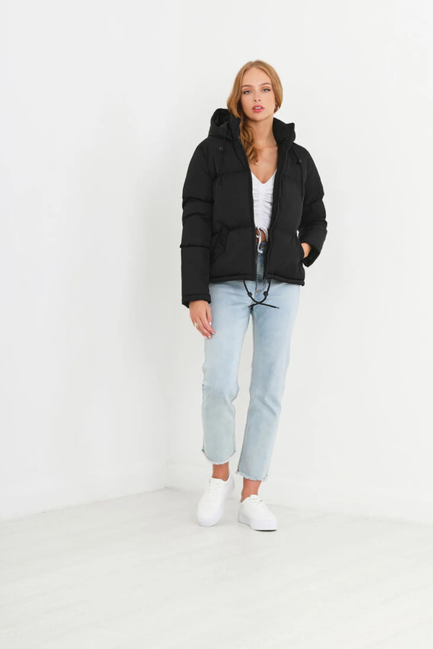 Casaco De Penas Acolchoado Com Capuz