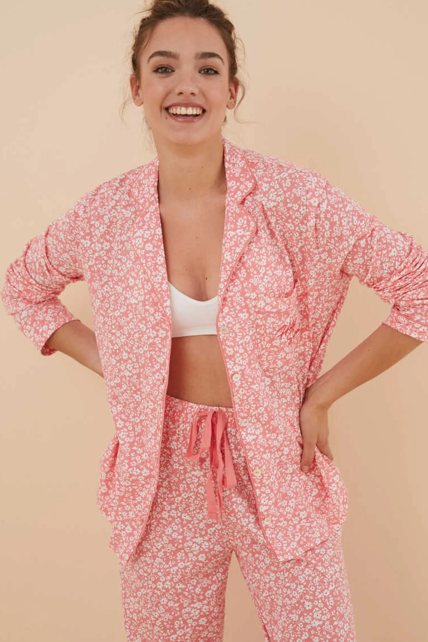 Pijama Camiseiro 100% Algodao Flores Coral