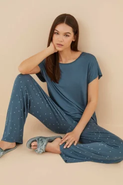 Pijama Comprido Flores Azul