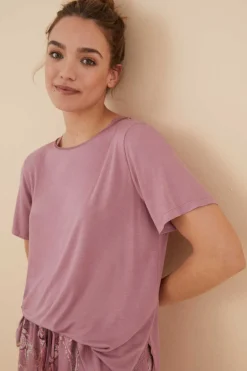 Pijama Manga Curta Calcas Compridas Flores Viscose Cetim