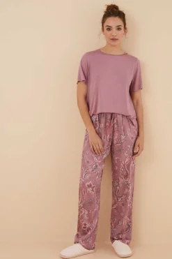 Pijama Manga Curta Calcas Compridas Flores Viscose Cetim