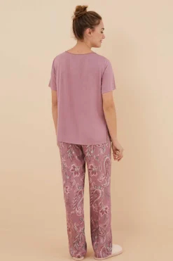 Pijama Manga Curta Calcas Compridas Flores Viscose Cetim