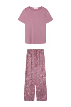 Pijama Manga Curta Calcas Compridas Flores Viscose Cetim