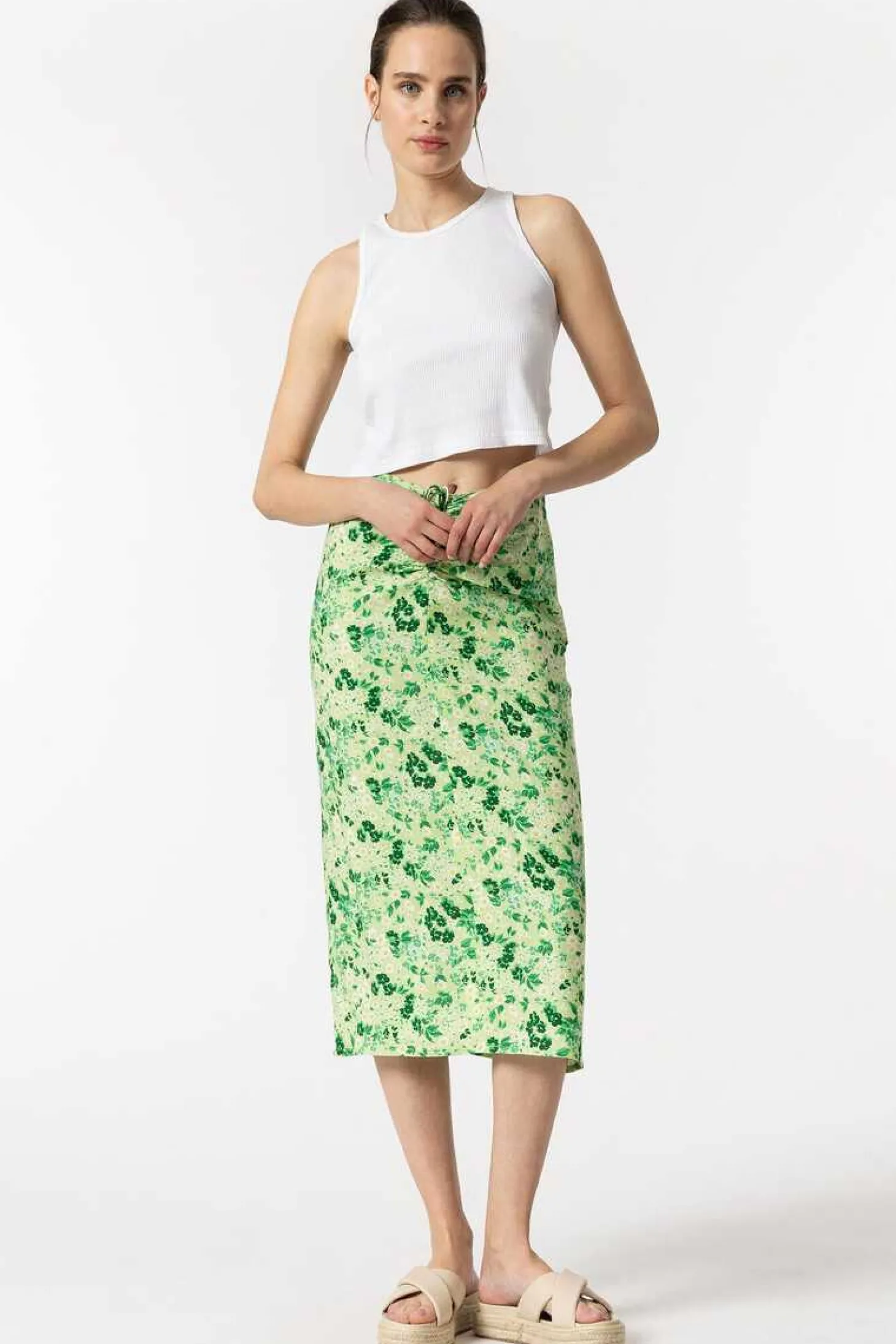 Saia Midi Estampada Com Franzidos