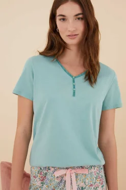 T-Shirt 100% Algodao Em Com Botoes, De Manga Curta