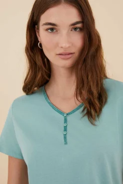 T-Shirt 100% Algodao Em Com Botoes, De Manga Curta