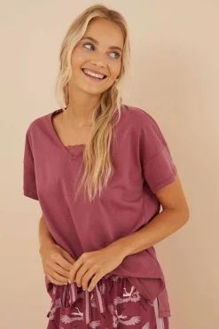 T-Shirt 100% Algodao Em Grena Com Renda, De Manga Curta