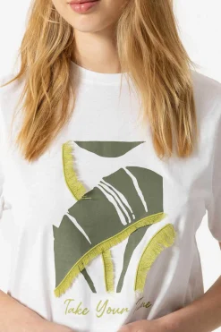 T-Shirt Estampada Frontal Com Franjas