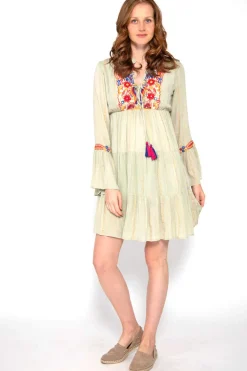 Vestido De Manga Comprida Com Bordados E Espelhos