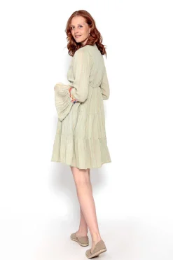 Vestido De Manga Comprida Com Bordados E Espelhos