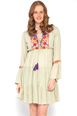 Vestido De Manga Comprida Com Bordados E Espelhos